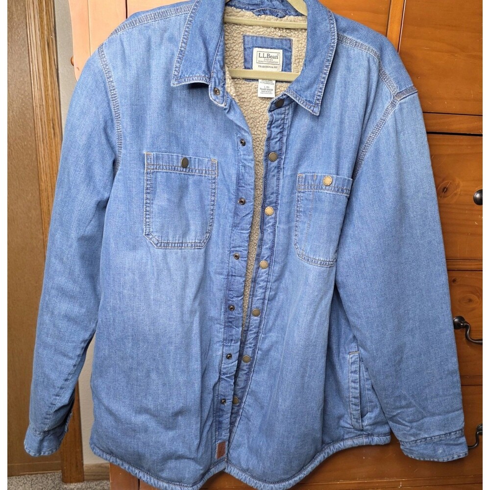 LL Bean 1912 Heritage Jacket Size Large Denim Sherpa Snap Up Outdoor Warm